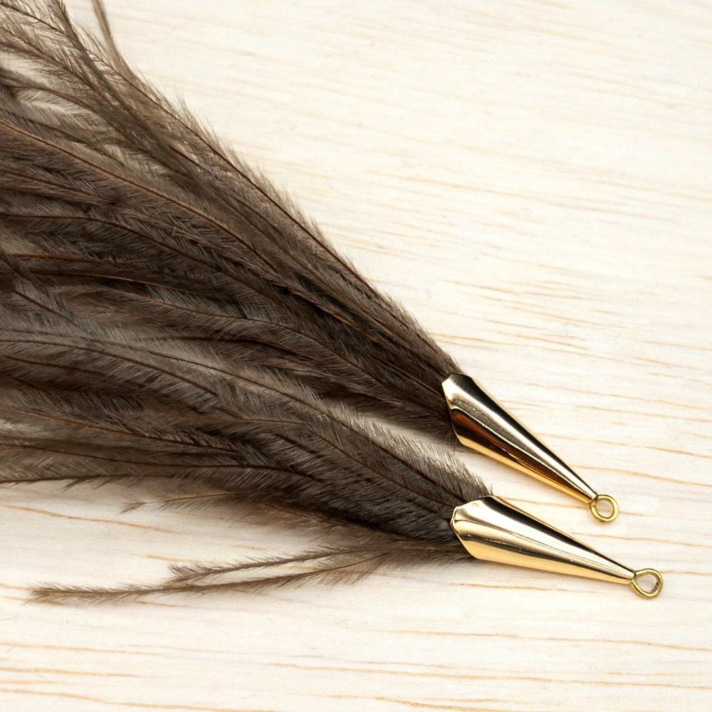 Ostrich Feather Jewelry Tassel Pendants in BROWN with Gold Cone Cap for Jewelry Making and Crafts, 2 PCs (FOC001-BR) - UniqueBeadsNY