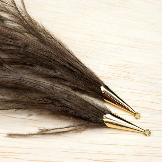 Ostrich Feather Jewelry Tassel Pendants in BROWN with Gold Cone Cap for Jewelry Making and Crafts, 2 PCs (FOC001-BR) - UniqueBeadsNY