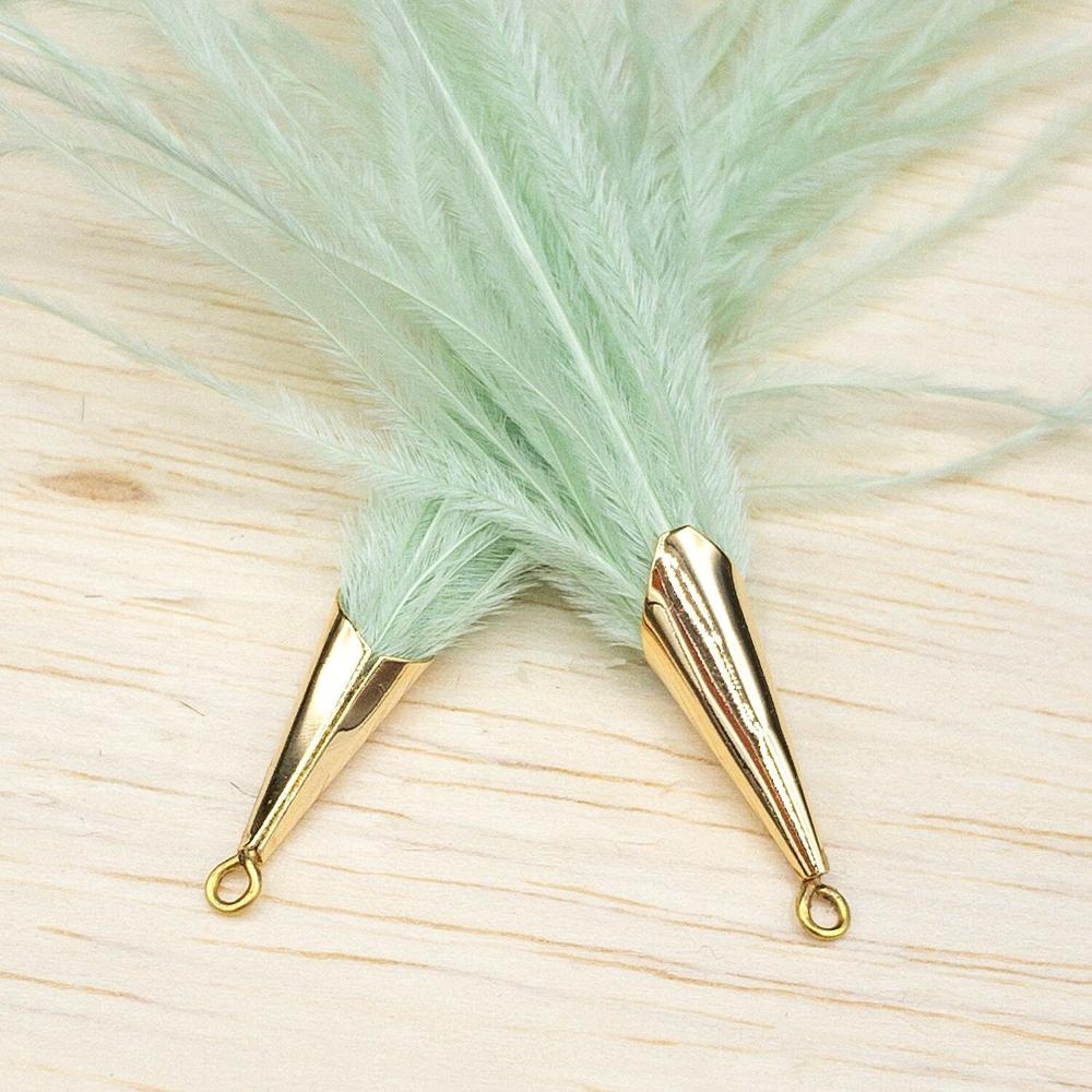 Ostrich Feather Jewelry Tassel Pendants in LIGHT GREEN with Gold Cone Cap for Jewelry Making and Crafts, 2 PCs (FOC001-LG) - UniqueBeadsNY