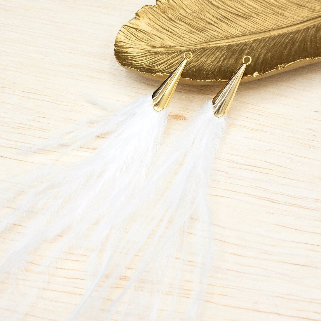 Ostrich Feather Jewelry Tassel Pendants in WHITE with Gold Cone Cap, for Jewelry Making and Crafts, 2 PCs (FOC001-WT) - UniqueBeadsNY