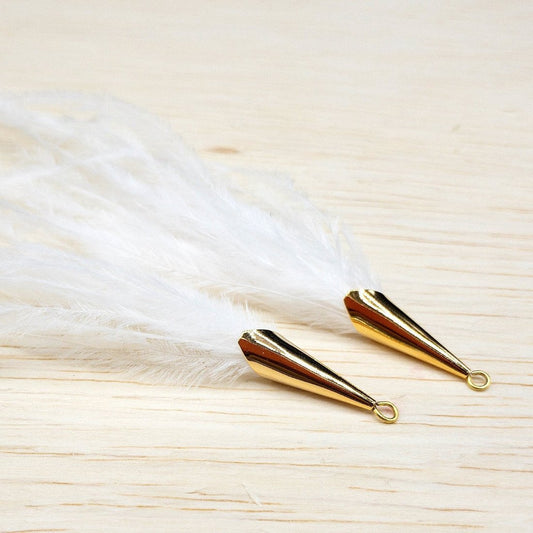 Ostrich Feather Jewelry Tassel Pendants in WHITE with Gold Cone Cap, for Jewelry Making and Crafts, 2 PCs (FOC001-WT) - UniqueBeadsNY