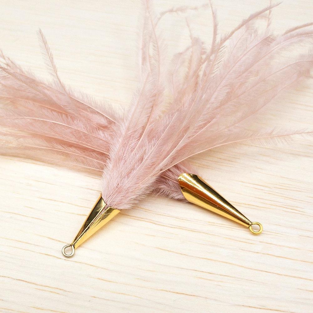 Ostrich Feather Jewelry Tassel Pendants in LIGHT PINK with Gold Cone Cap for Jewelry Making and Crafts, 2 PCs (FOC001-LPK) - UniqueBeadsNY