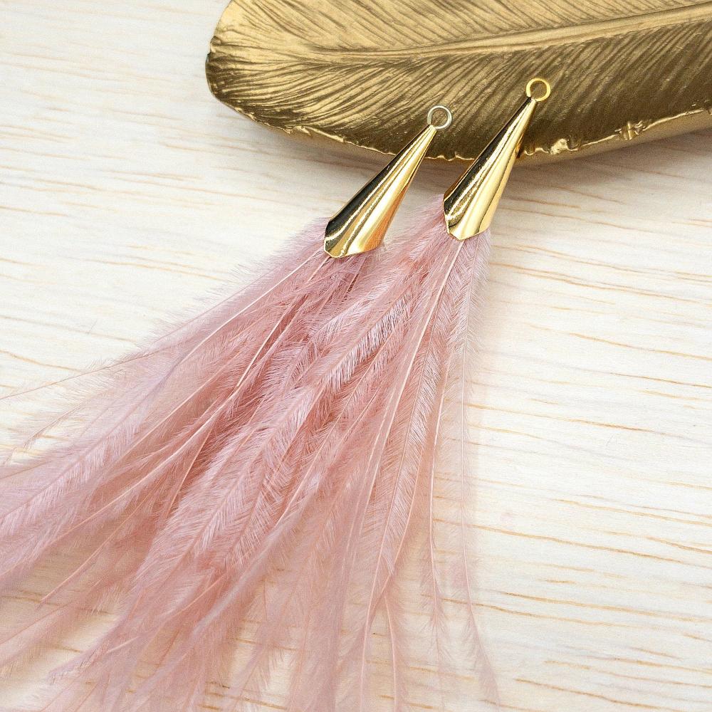 Ostrich Feather Jewelry Tassel Pendants in LIGHT PINK with Gold Cone Cap for Jewelry Making and Crafts, 2 PCs (FOC001-LPK) - UniqueBeadsNY