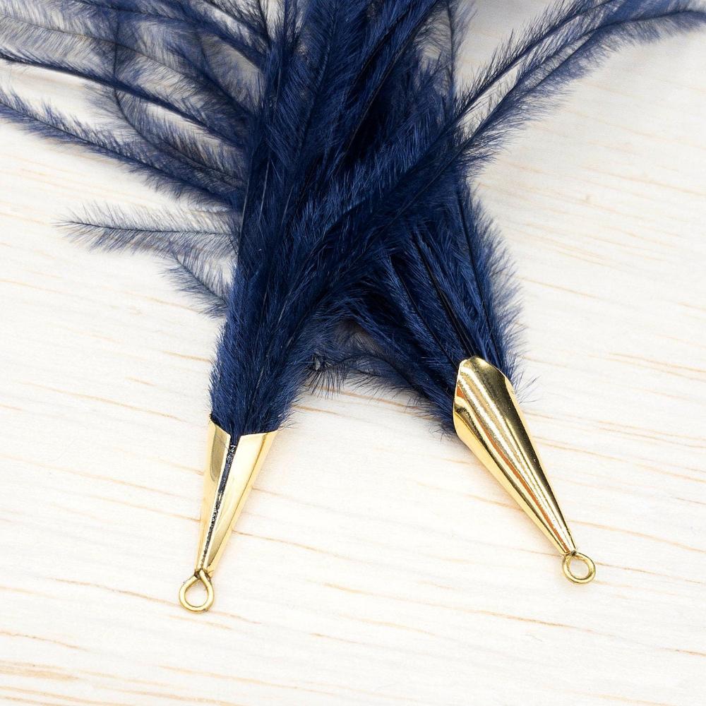 Ostrich Feather Jewelry Tassel Pendants in NAVY BLUE with Gold Cone Cap for Jewelry Making and Crafts, 2 PCs (FOC001-NB) - UniqueBeadsNY