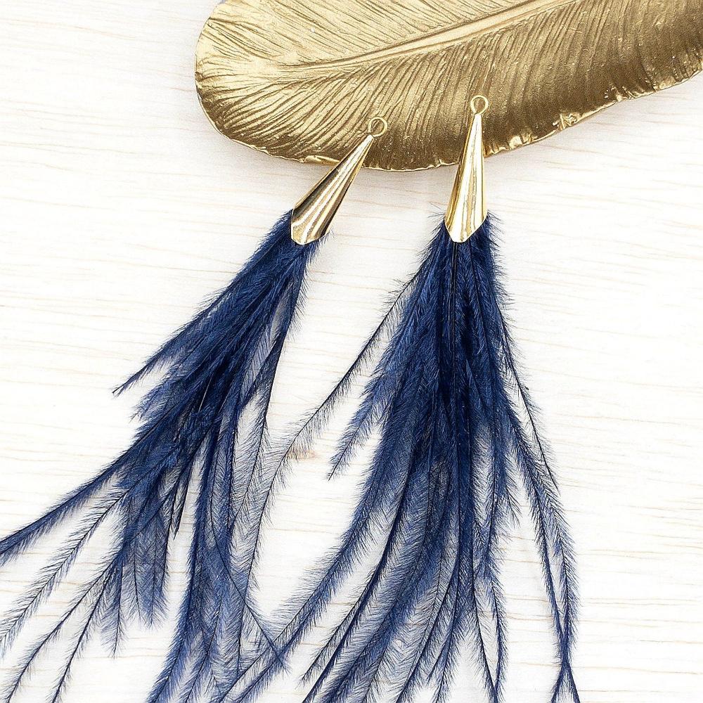 Ostrich Feather Jewelry Tassel Pendants in NAVY BLUE with Gold Cone Cap for Jewelry Making and Crafts, 2 PCs (FOC001-NB) - UniqueBeadsNY