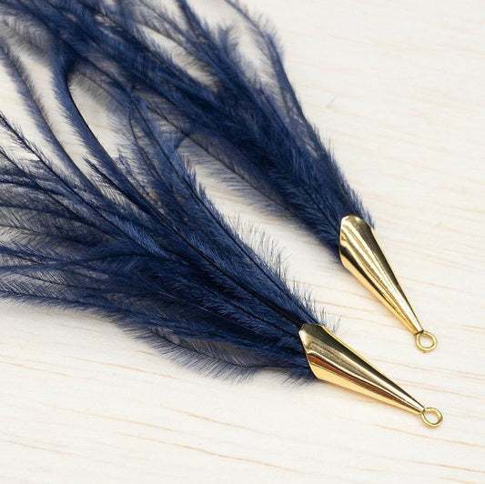 Ostrich Feather Jewelry Tassel Pendants in NAVY BLUE with Gold Cone Cap for Jewelry Making and Crafts, 2 PCs (FOC001-NB) - UniqueBeadsNY