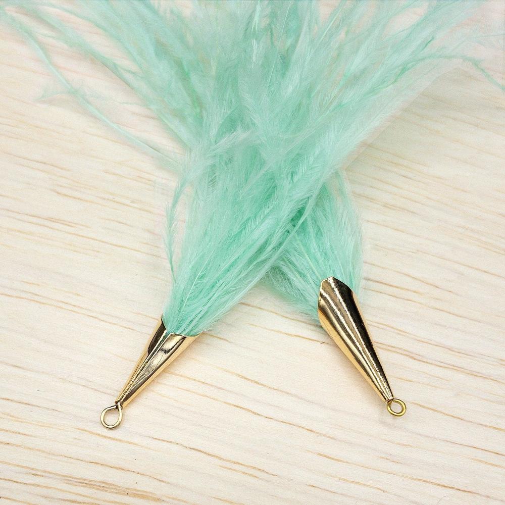 Ostrich Feather Jewelry Tassel Pendants in SEAFOAM GREEN with Gold Cone Cap for Jewelry Making and Crafts, 2 PCs (FOC001-SF) - UniqueBeadsNY