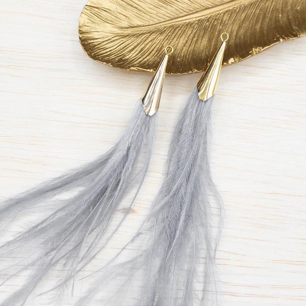 Ostrich Feather Jewelry Tassel Pendants in GRAY with Gold Cone Cap for Jewelry Making and Crafts, 2 PCs (FOC001-GY) - UniqueBeadsNY