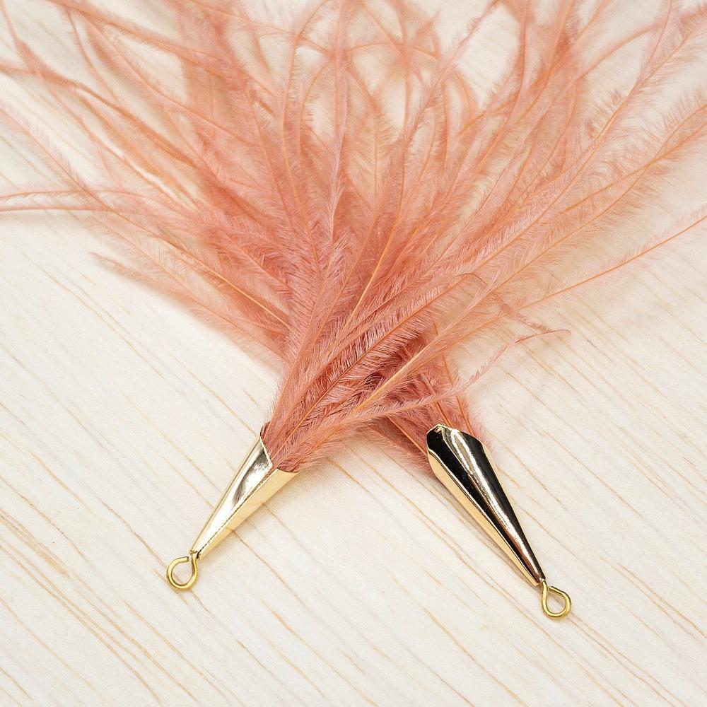 Ostrich Feather Jewelry Tassel Pendants in CORAL PINK with Gold Cone Cap for Jewelry Making and Crafts, 2 PCs (FOC001-CPK) - UniqueBeadsNY