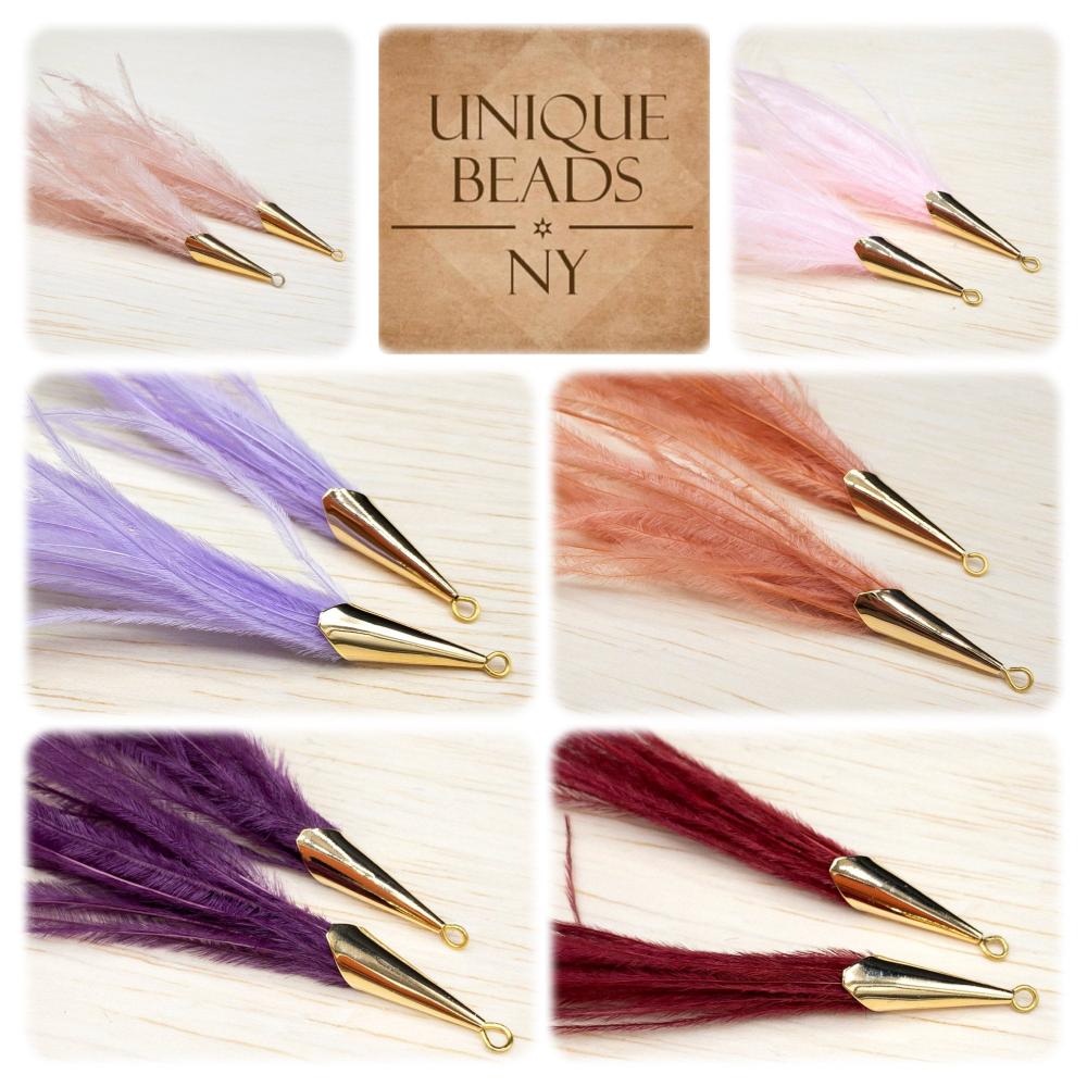 Ostrich Feather Jewelry Tassel Pendants in WHITE with Gold Cone Cap, for Jewelry Making and Crafts, 2 PCs (FOC001-WT) - UniqueBeadsNY