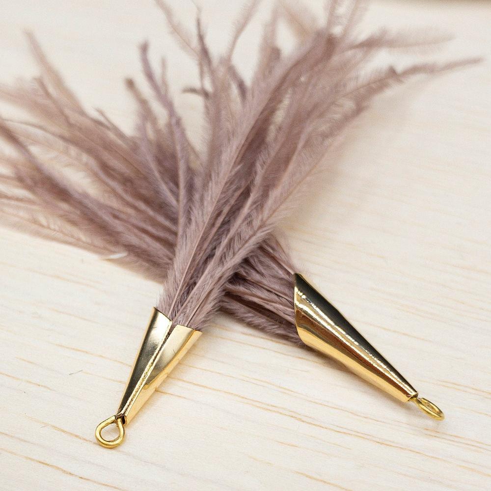 Ostrich Feather Jewelry Tassel Pendants in BROWN BLUSH with Gold Cone Cap for Jewelry Making and Crafts, 2 PCs (FOC001-BB) - UniqueBeadsNY
