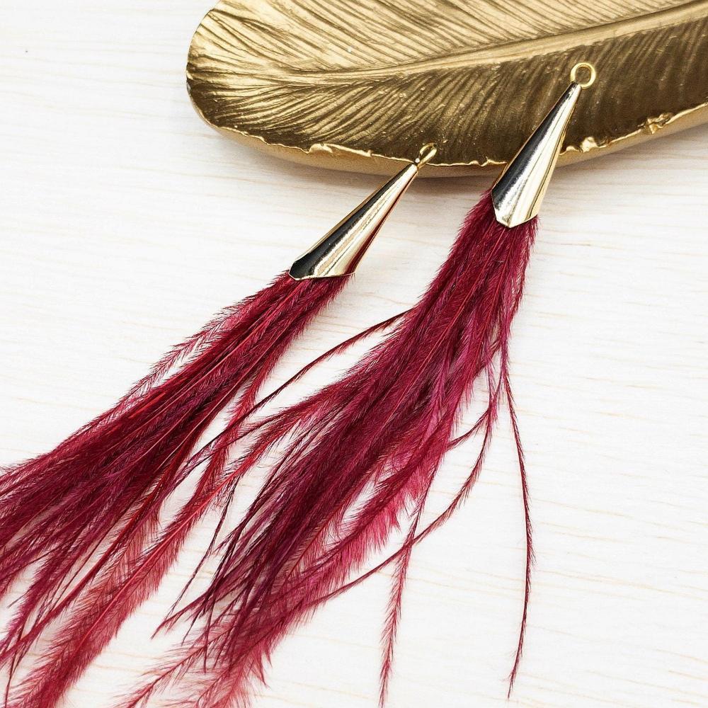 Ostrich Feather Jewelry Tassel Pendants in RED with Gold Cone Cap for Jewelry Making and Crafts, 2 PCs (FOC001-RD) - UniqueBeadsNY