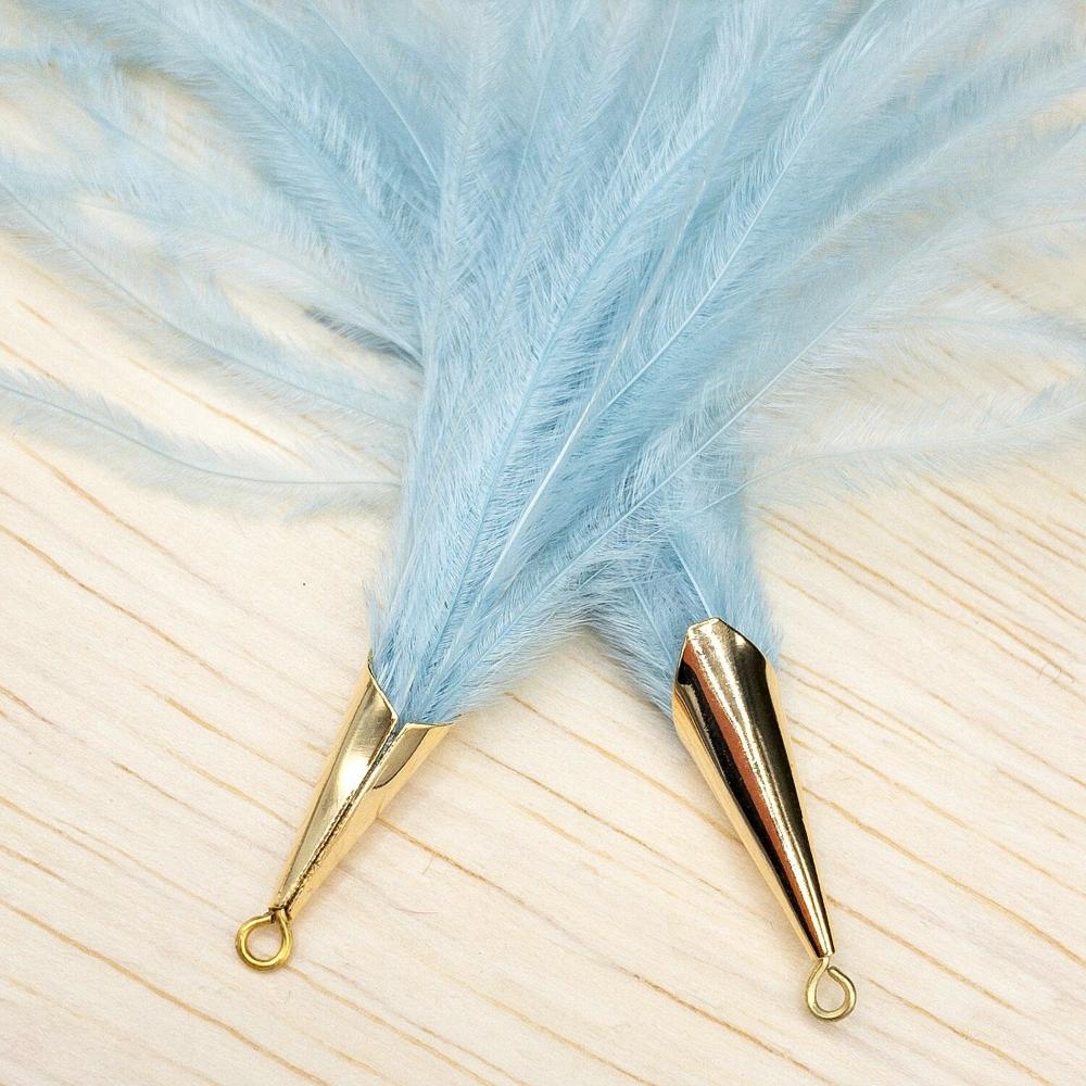 Ostrich Feather Jewelry Tassel Pendants in LIGHT BLUE with Gold Cone Cap for Jewelry Making and Crafts, 2 PCs (FOC001-LB) - UniqueBeadsNY