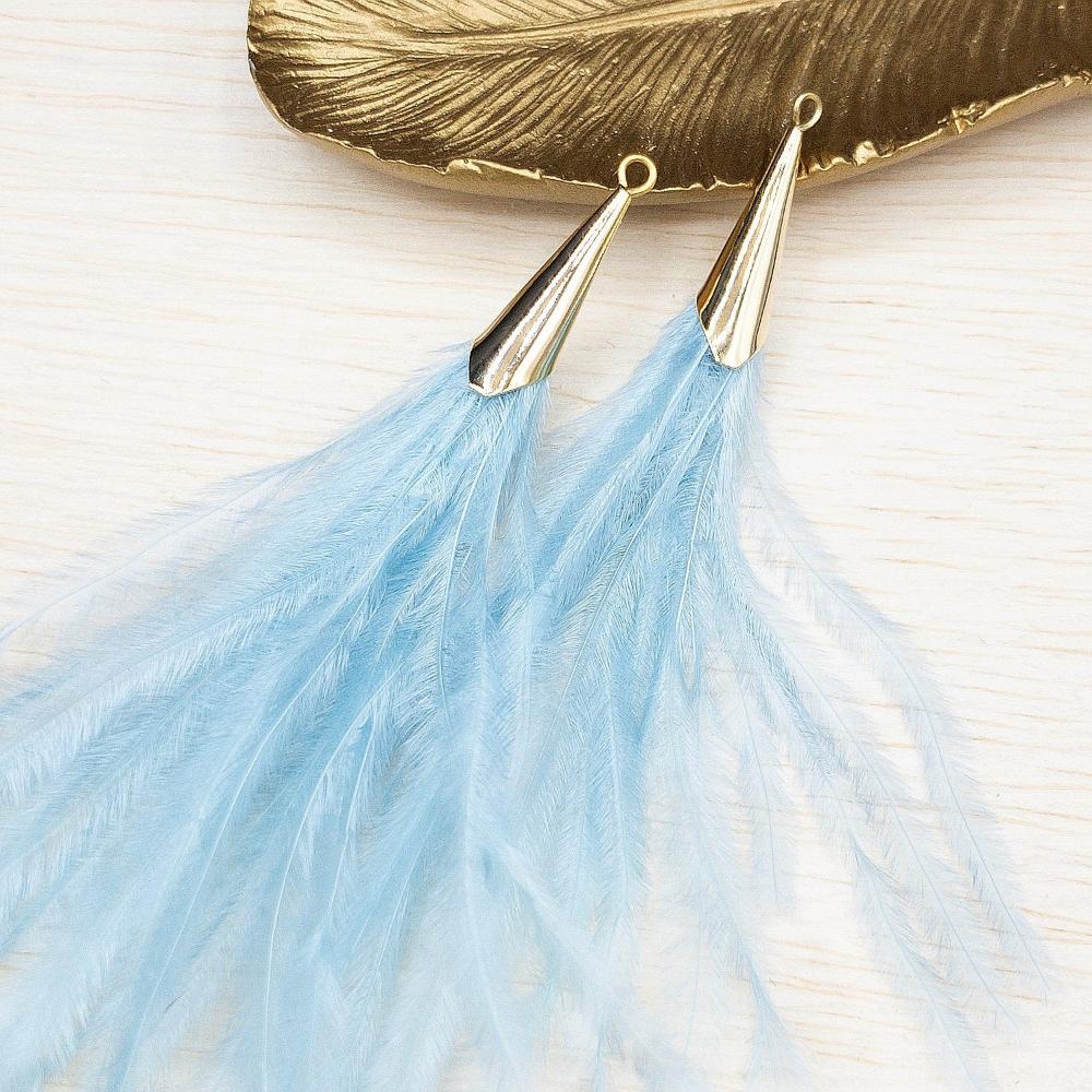 Ostrich Feather Jewelry Tassel Pendants in LIGHT BLUE with Gold Cone Cap for Jewelry Making and Crafts, 2 PCs (FOC001-LB) - UniqueBeadsNY