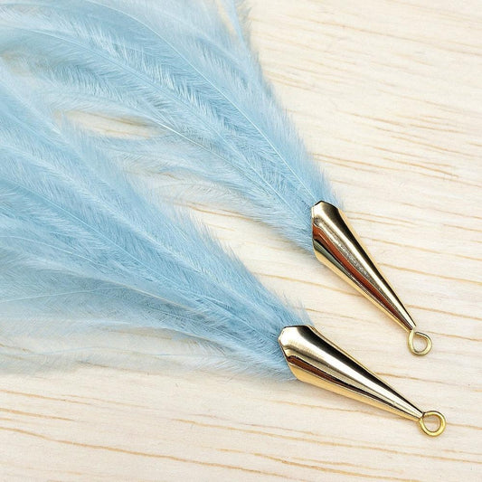 Ostrich Feather Jewelry Tassel Pendants in LIGHT BLUE with Gold Cone Cap for Jewelry Making and Crafts, 2 PCs (FOC001-LB) - UniqueBeadsNY