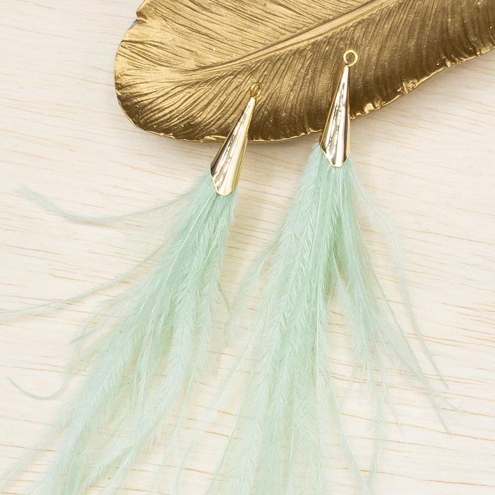 Ostrich Feather Jewelry Tassel Pendants in LIGHT GREEN with Gold Cone Cap for Jewelry Making and Crafts, 2 PCs (FOC001-LG) - UniqueBeadsNY