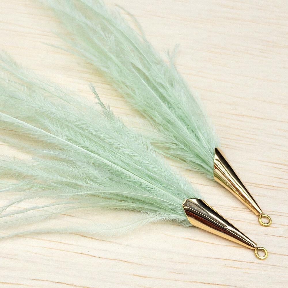 Ostrich Feather Jewelry Tassel Pendants in LIGHT GREEN with Gold Cone Cap for Jewelry Making and Crafts, 2 PCs (FOC001-LG) - UniqueBeadsNY