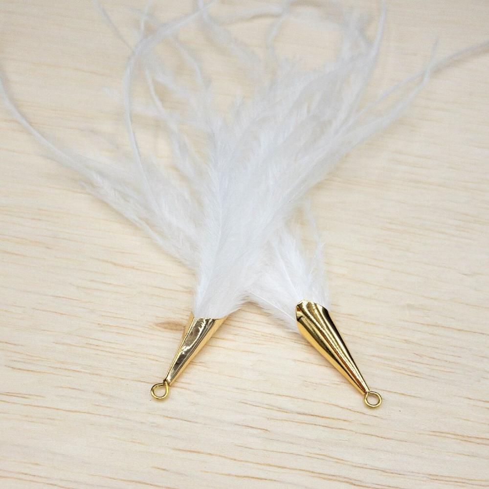 Ostrich Feather Jewelry Tassel Pendants in WHITE with Gold Cone Cap, for Jewelry Making and Crafts, 2 PCs (FOC001-WT) - UniqueBeadsNY