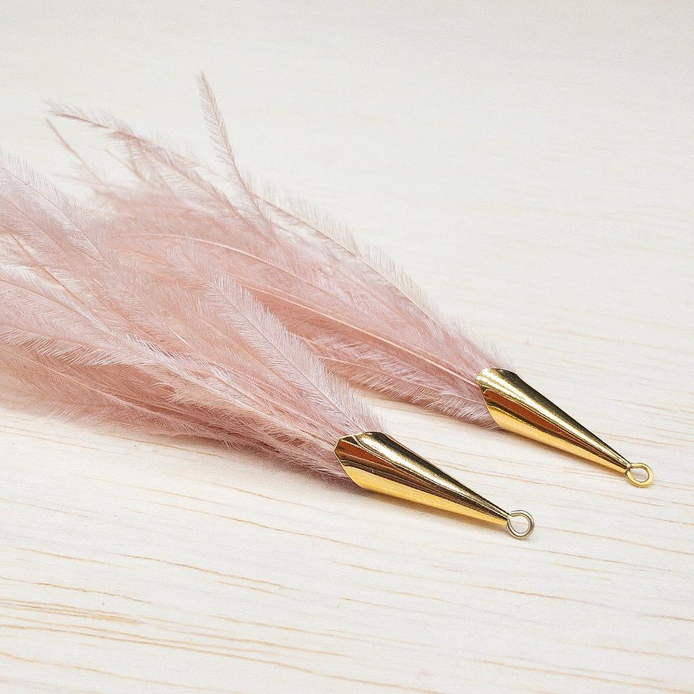 Ostrich Feather Jewelry Tassel Pendants in LIGHT PINK with Gold Cone Cap for Jewelry Making and Crafts, 2 PCs (FOC001-LPK) - UniqueBeadsNY