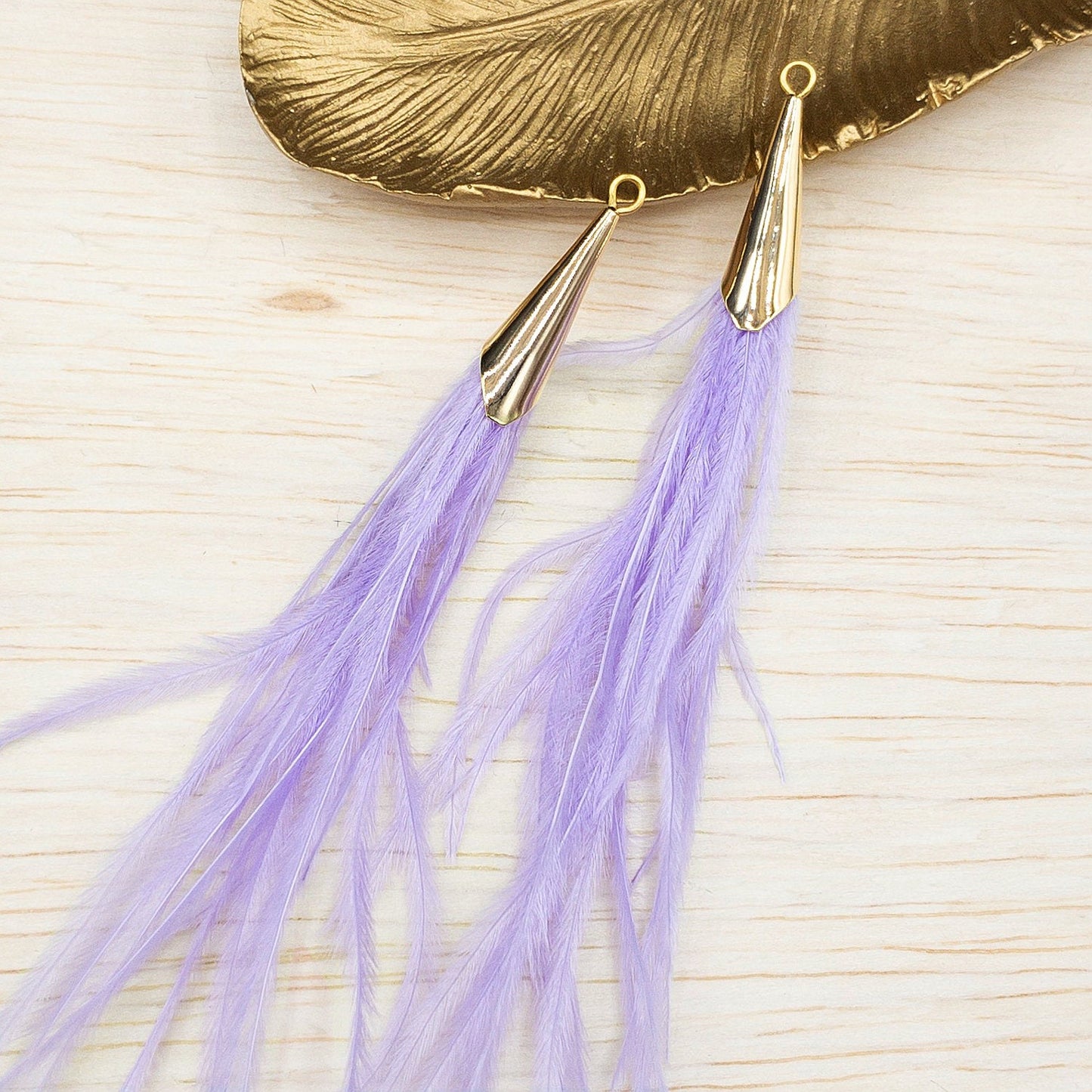 Ostrich Feather Jewelry Tassel Pendants in LIGHT PURPLE with Gold Cone Cap for Jewelry Making and Crafts, 2 PCs (FOC001-LP) - UniqueBeadsNY