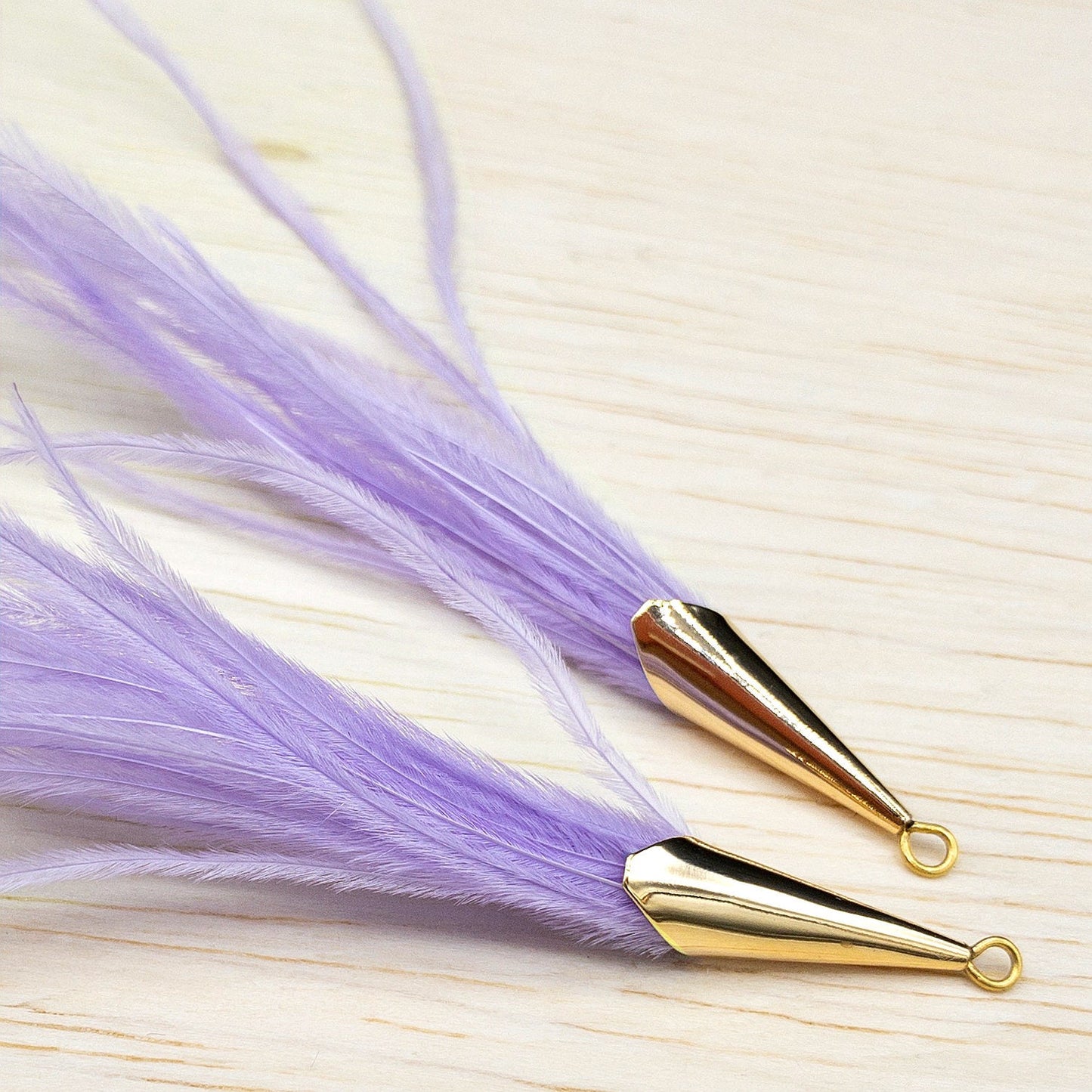 Ostrich Feather Jewelry Tassel Pendants in LIGHT PURPLE with Gold Cone Cap for Jewelry Making and Crafts, 2 PCs (FOC001-LP) - UniqueBeadsNY