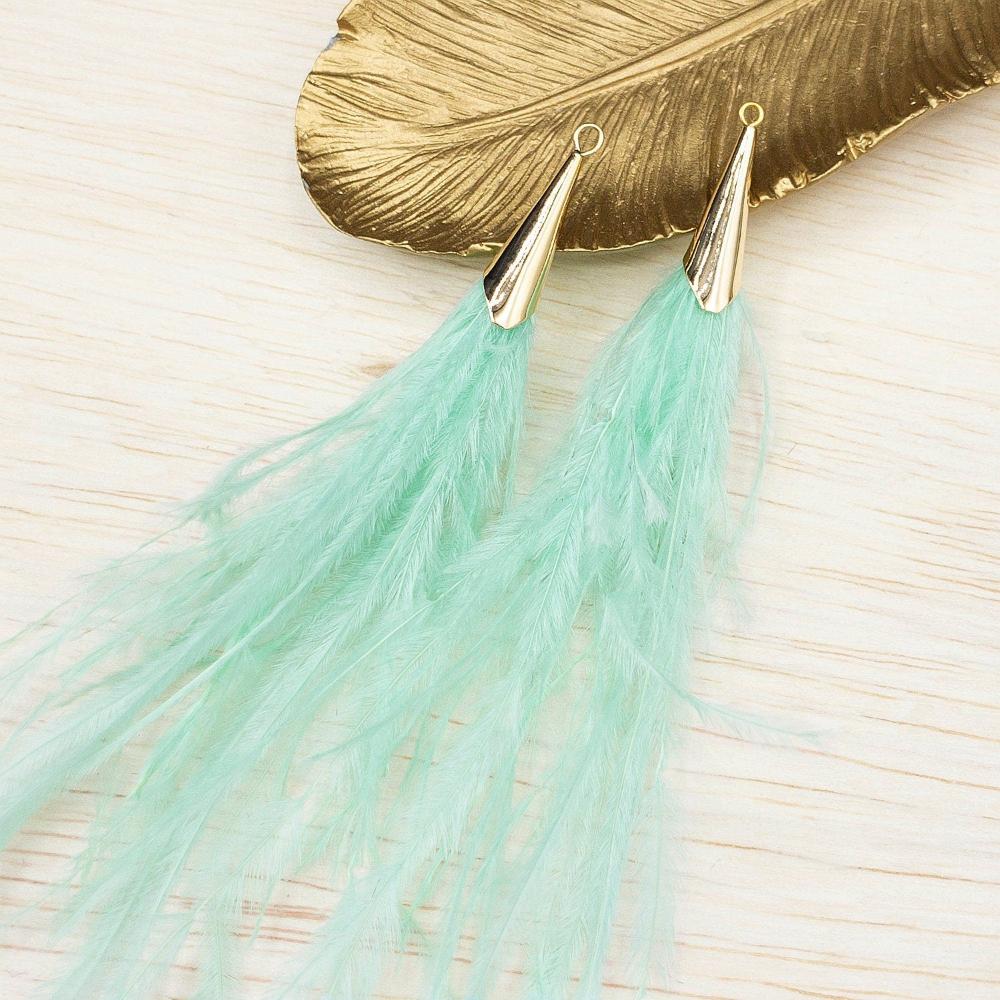 Ostrich Feather Jewelry Tassel Pendants in SEAFOAM GREEN with Gold Cone Cap for Jewelry Making and Crafts, 2 PCs (FOC001-SF) - UniqueBeadsNY