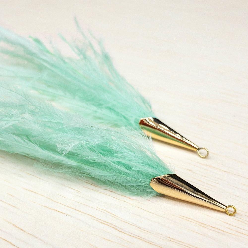 Ostrich Feather Jewelry Tassel Pendants in SEAFOAM GREEN with Gold Cone Cap for Jewelry Making and Crafts, 2 PCs (FOC001-SF) - UniqueBeadsNY