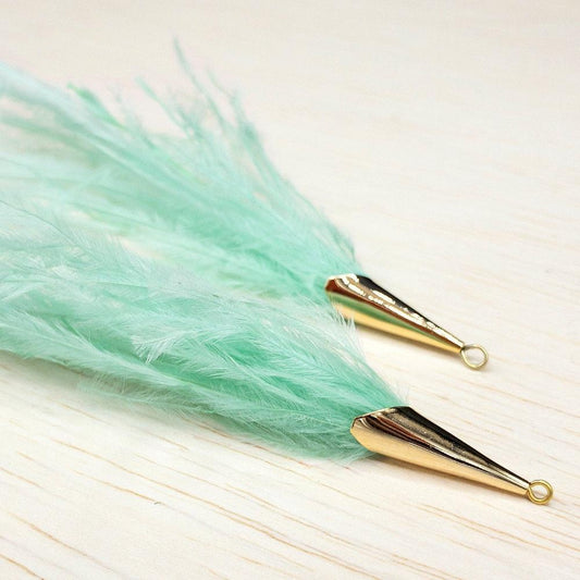 Ostrich Feather Jewelry Tassel Pendants in SEAFOAM GREEN with Gold Cone Cap for Jewelry Making and Crafts, 2 PCs (FOC001-SF) - UniqueBeadsNY