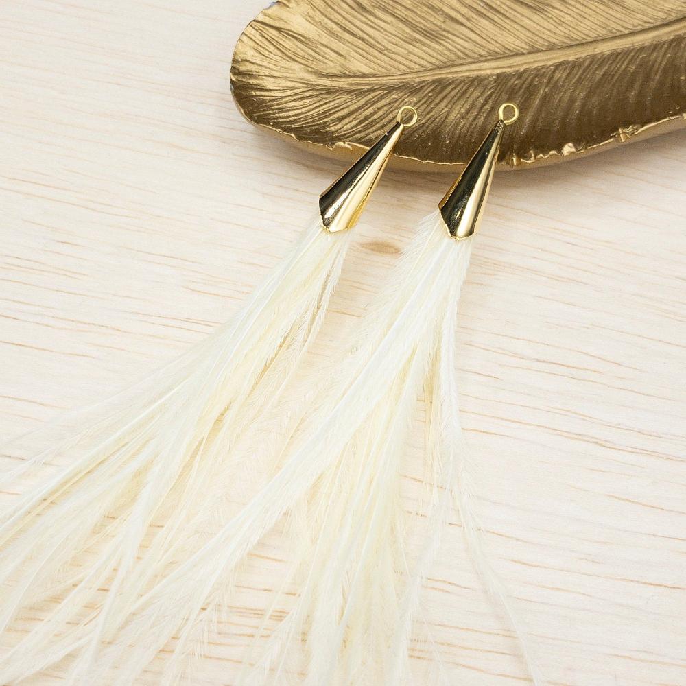IVORY Ostrich Feather Jewelry Tassel Pendants in IVORY with Gold Cone Cap for Jewelry Making and Crafts, 2 PCs (FOC001-IV) - UniqueBeadsNY