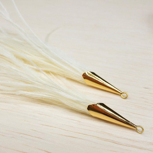 IVORY Ostrich Feather Jewelry Tassel Pendants in IVORY with Gold Cone Cap for Jewelry Making and Crafts, 2 PCs (FOC001-IV) - UniqueBeadsNY