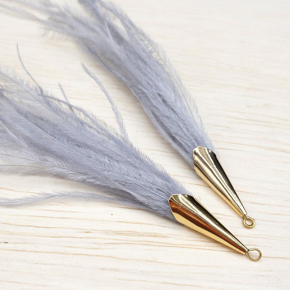 Ostrich Feather Jewelry Tassel Pendants in GRAY with Gold Cone Cap for Jewelry Making and Crafts, 2 PCs (FOC001-GY) - UniqueBeadsNY