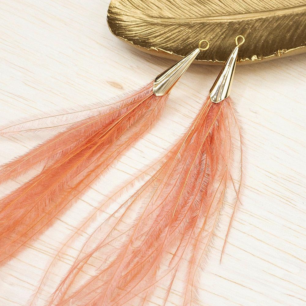Ostrich Feather Jewelry Tassel Pendants in CORAL PINK with Gold Cone Cap for Jewelry Making and Crafts, 2 PCs (FOC001-CPK) - UniqueBeadsNY