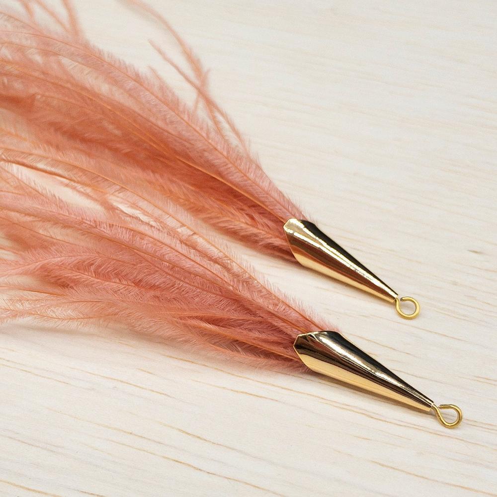 Ostrich Feather Jewelry Tassel Pendants in CORAL PINK with Gold Cone Cap for Jewelry Making and Crafts, 2 PCs (FOC001-CPK) - UniqueBeadsNY
