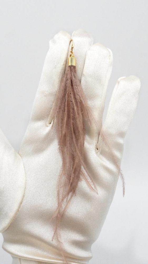 Ostrich Feather Earrings, Long Feather Earrings, Boho Feather Earrings in Beige, Brown and Coral Colors. (E016-G) - UniqueBeadsNY