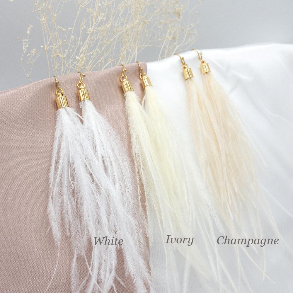Ostrich Feather Earrings, Long Feather Earrings, Boho Feather Earrings in White, Ivory and Champagne Colors. (E016-G) - UniqueBeadsNY