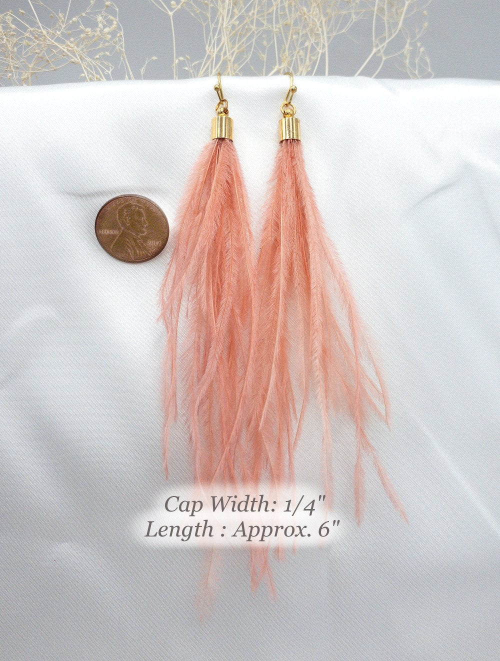 Ostrich Feather Earrings, Long Feather Earrings, Boho Feather Earrings in White, Ivory and Champagne Colors. (E016-G) - UniqueBeadsNY