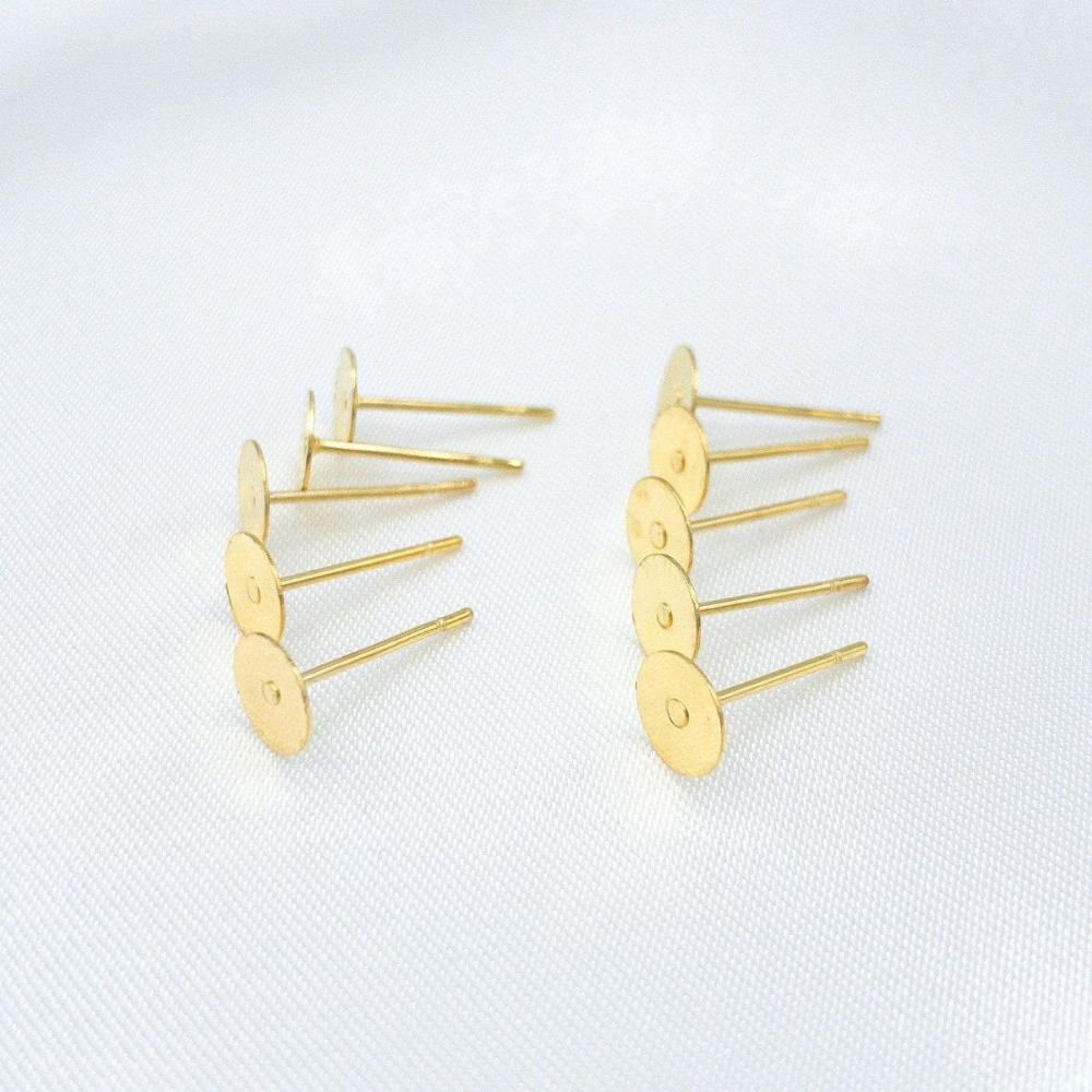 Earring Finding Posts with 4mm, 6mm, 8mm Glue Pad Setting, Gold Plated 304 Stainless Steel, With Ear Nuts, Retail and Wholesale (STER-0011G) - UniqueBeadsNY