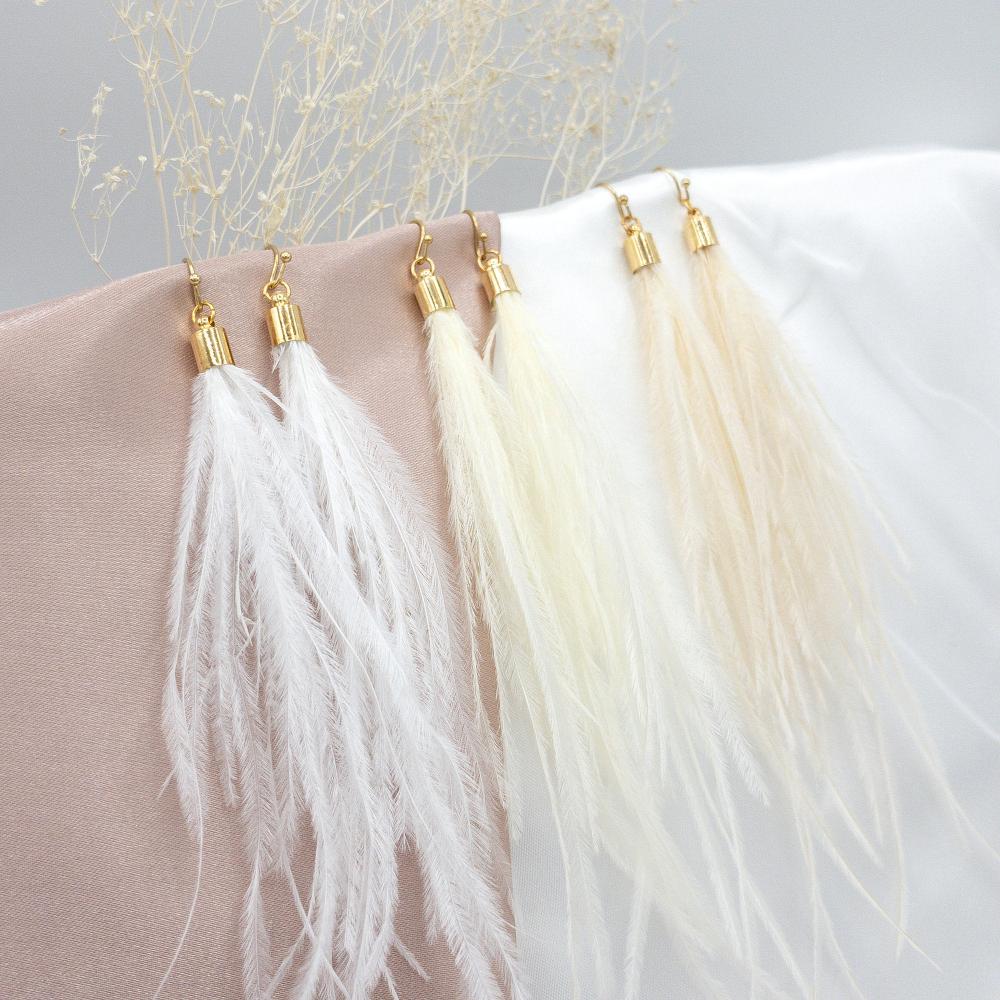 Ostrich Feather Earrings, Long Feather Earrings, Boho Feather Earrings in White, Ivory and Champagne Colors. (E016-G) - UniqueBeadsNY