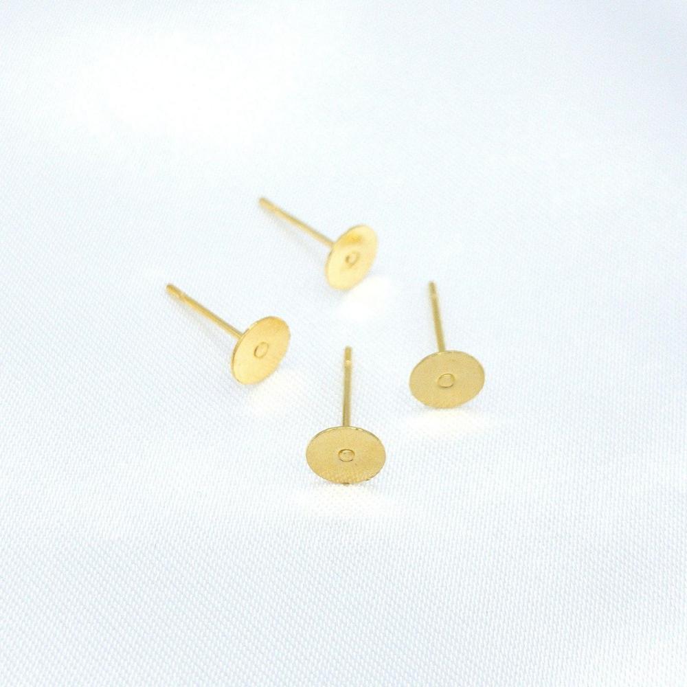 Earring Finding Posts with 4mm, 6mm, 8mm Glue Pad Setting, Gold Plated 304 Stainless Steel, With Ear Nuts, Retail and Wholesale (STER-0011G) - UniqueBeadsNY