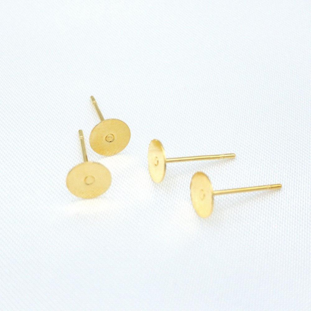 Earring Finding Posts with 4mm, 6mm, 8mm Glue Pad Setting, Gold Plated 304 Stainless Steel, With Ear Nuts, Retail and Wholesale (STER-0011G) - UniqueBeadsNY