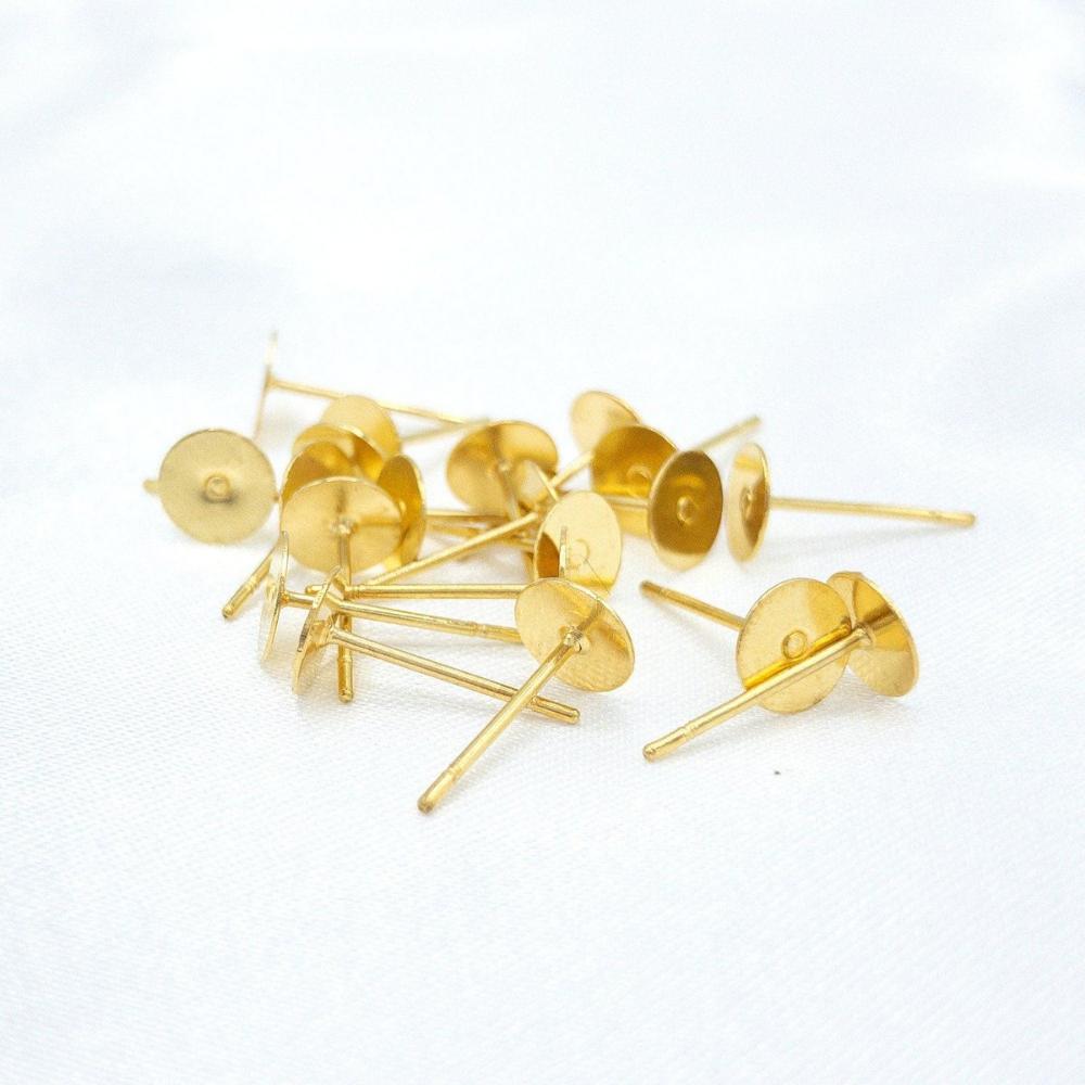 Earring Finding Posts with 4mm, 6mm, 8mm Glue Pad Setting, Gold Plated 304 Stainless Steel, With Ear Nuts, Retail and Wholesale (STER-0011G) - UniqueBeadsNY