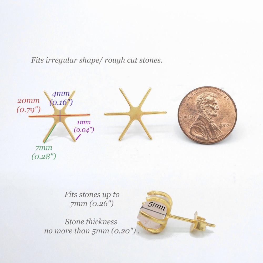 Jewelry Setting Blank for Stud Earrings, 6 Prong Claw Earring Setting for Raw Irregular Gemstones, Sterling Silver 18K Gold Plated (PS001) - UniqueBeadsNY