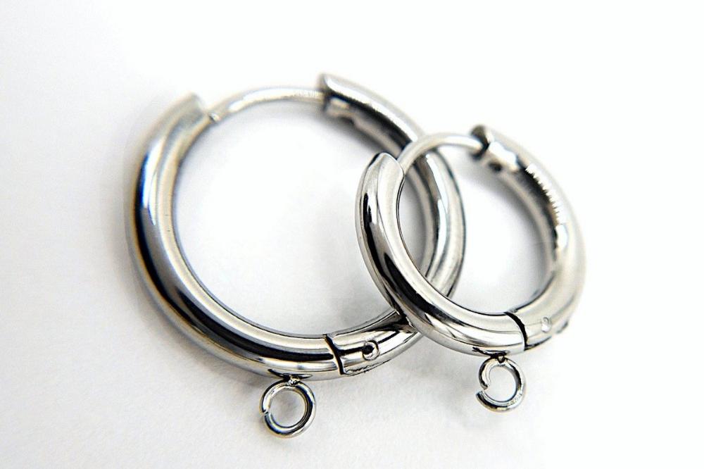 Huggie Hoop One-Touch Surgical Stainless Steel Earring Finding, Dark Silver Earring Hoops with Ring, Retail & Wholesale (STER-0015S) - UniqueBeadsNY