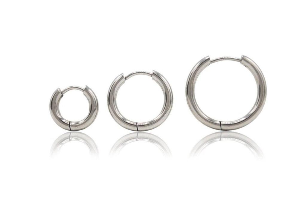Huggie Hoop One-Touch Surgical Stainless Steel Earrings, Dark Silver Hoop Earrings