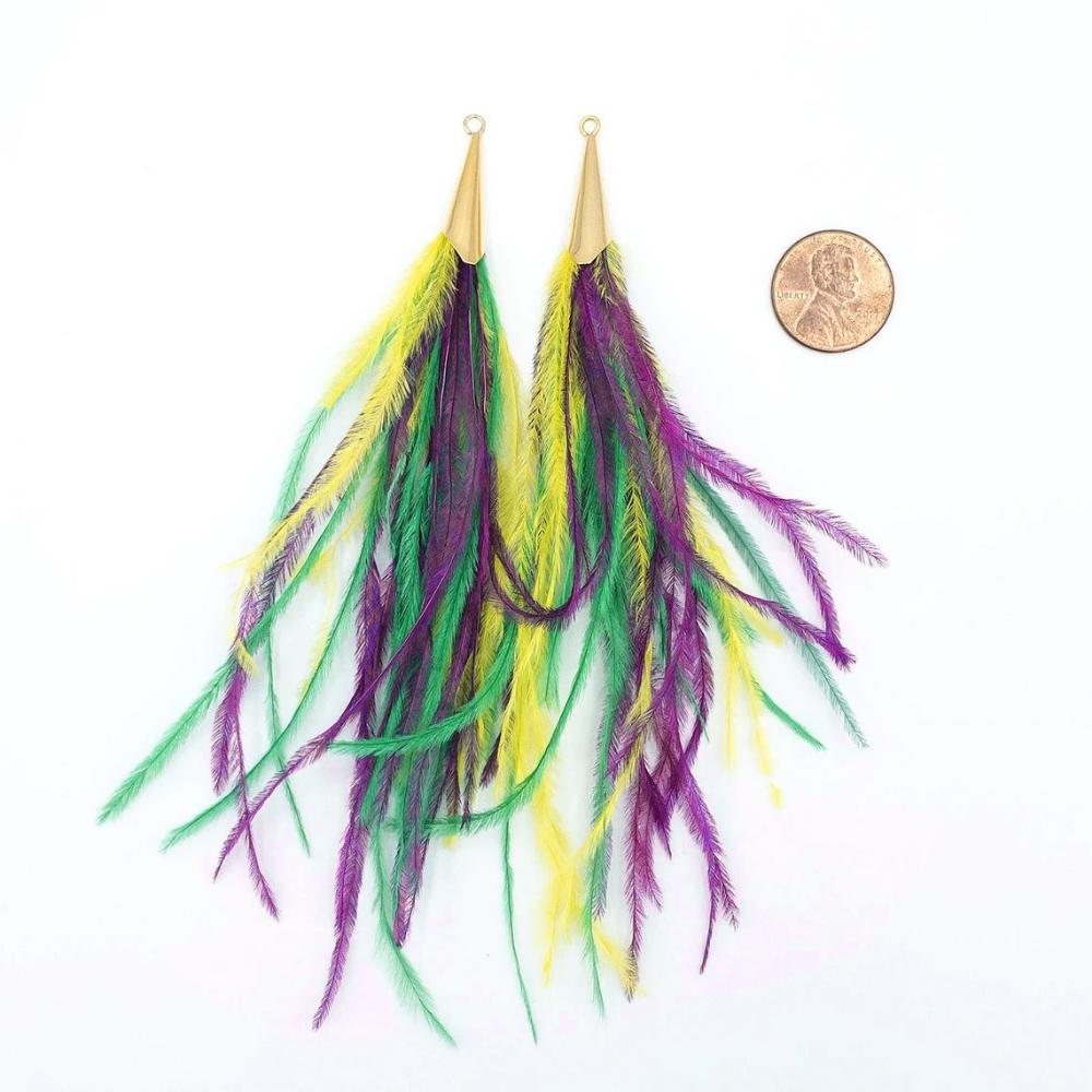 Ostrich Feather Jewelry Tassel Pendants in Bright MARDI GRAS with Gold Cone Cap for Jewelry Making and Crafts, 2 PCs(FOC001-BMG) - UniqueBeadsNY