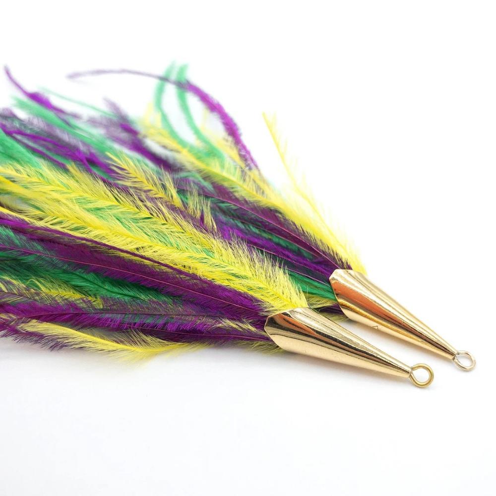 Ostrich Feather Jewelry Tassel Pendants in Bright MARDI GRAS with Gold Cone Cap for Jewelry Making and Crafts, 2 PCs(FOC001-BMG) - UniqueBeadsNY