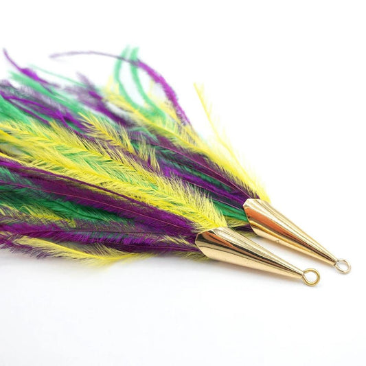 Ostrich Feather Jewelry Tassel Pendants in Bright MARDI GRAS with Gold Cone Cap for Jewelry Making and Crafts, 2 PCs(FOC001-BMG) - UniqueBeadsNY