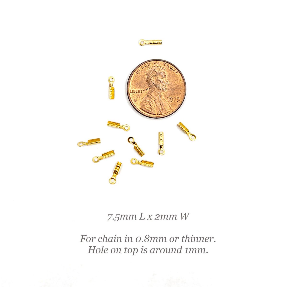 Crimp End Caps in Gold, Crimp Ends for 0.8mm Fine Chain, Cord End Caps, Fold Over End Caps in 18K Gold Plating and Stainless Steel (F001) - UniqueBeadsNY