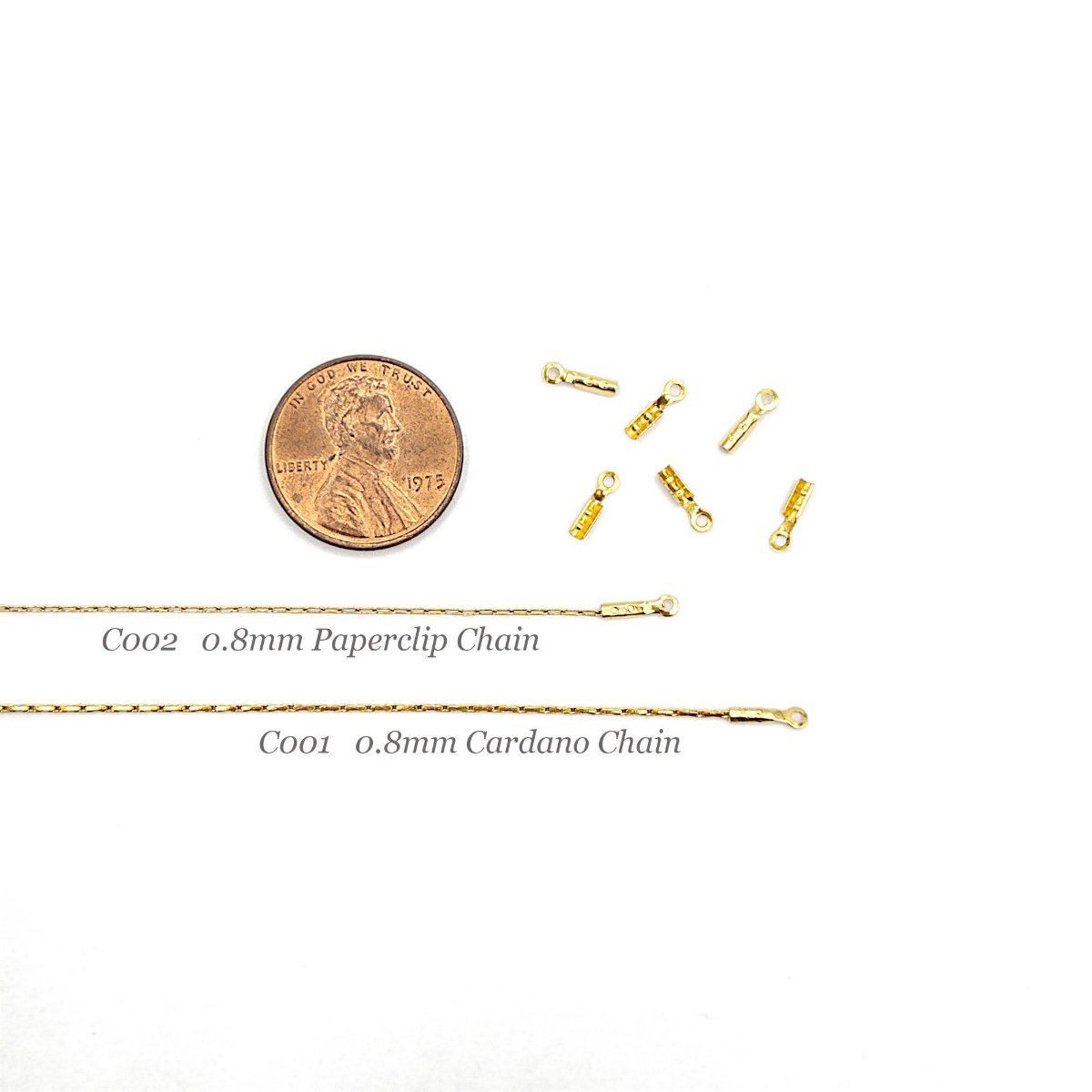 Crimp End Caps in Gold, Crimp Ends for 0.8mm Fine Chain, Cord End Caps, Fold Over End Caps in 18K Gold Plating and Stainless Steel (F001) - UniqueBeadsNY