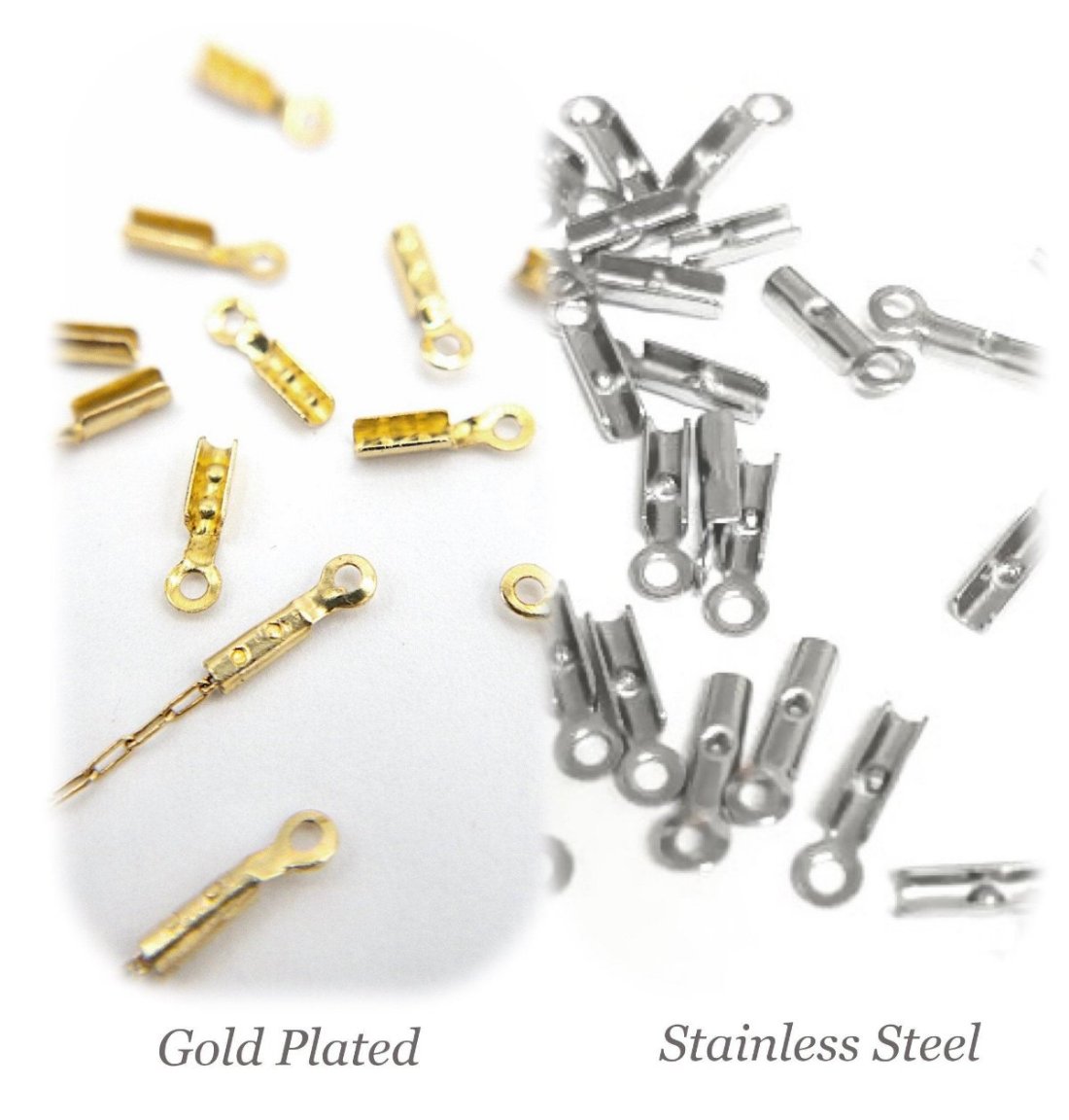 Crimp End Caps in Gold, Crimp Ends for 0.8mm Fine Chain, Cord End Caps, Fold Over End Caps in 18K Gold Plating and Stainless Steel (F001) - UniqueBeadsNY